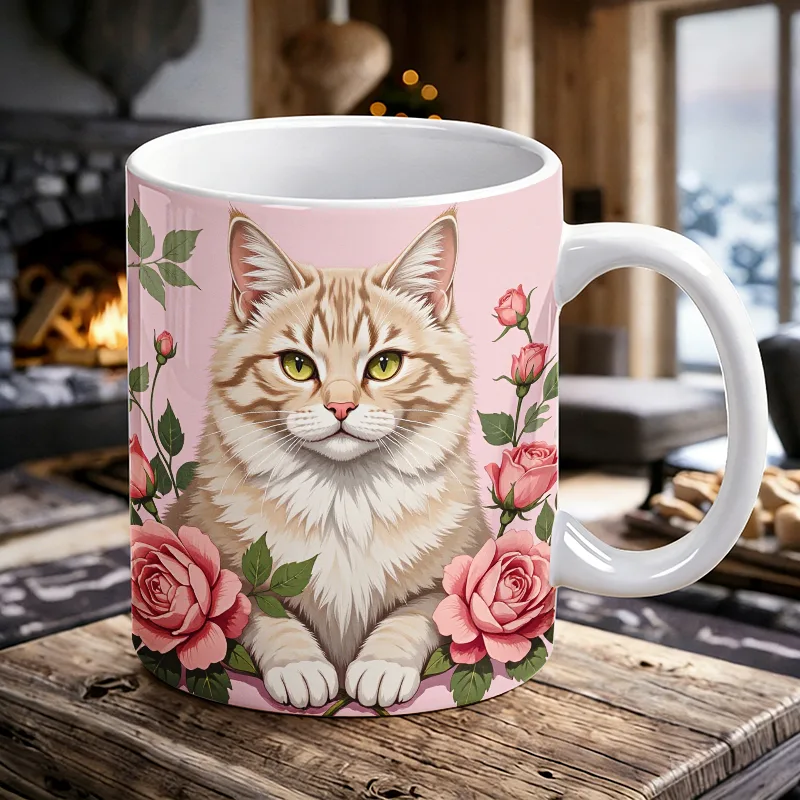 Coffee Tea Friends - Sweet Floral Kitty Ceramic Mug, Coffee