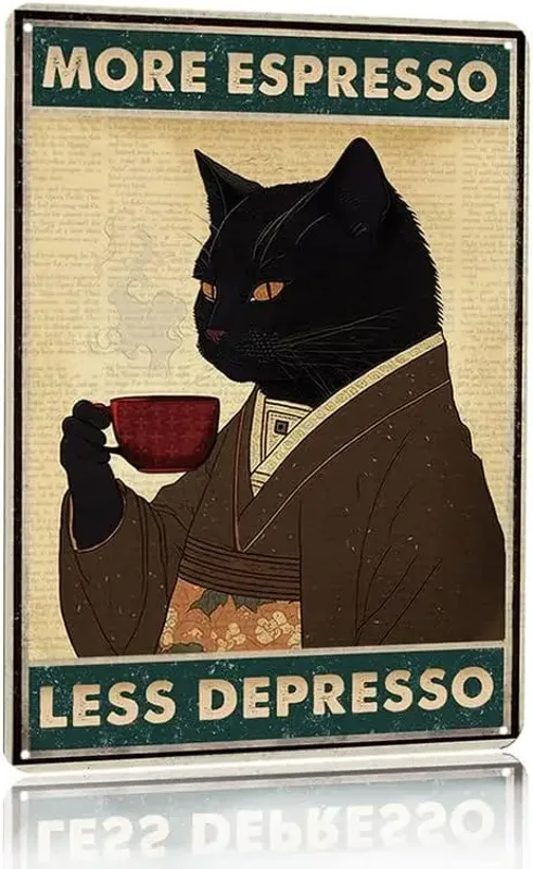 Coffee Tea Poster - Vintage Black Cat Coffee Poster More