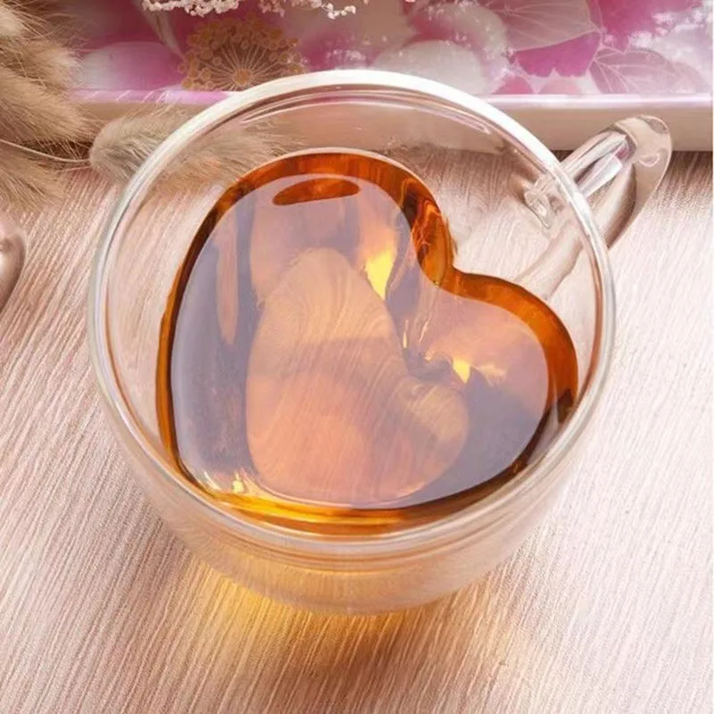 Lemon Tea Coffee - Heart Love Shaped Glass Mug Double